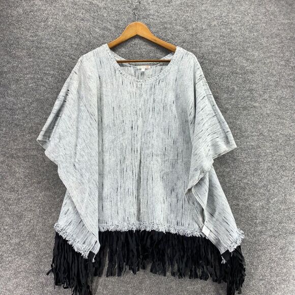 GB Poncho Sweater Women L Large Gray Short Sleeve Fringe Round Neck Casual - Picture 3 of 9